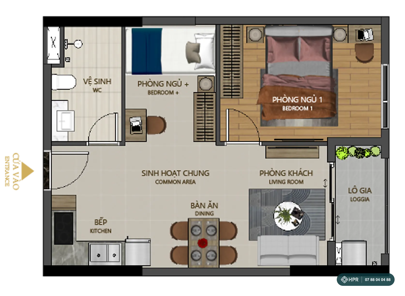 Планировка квартиры 1 спальня+ с 1 санузлом Maison Grand Phú Mỹ