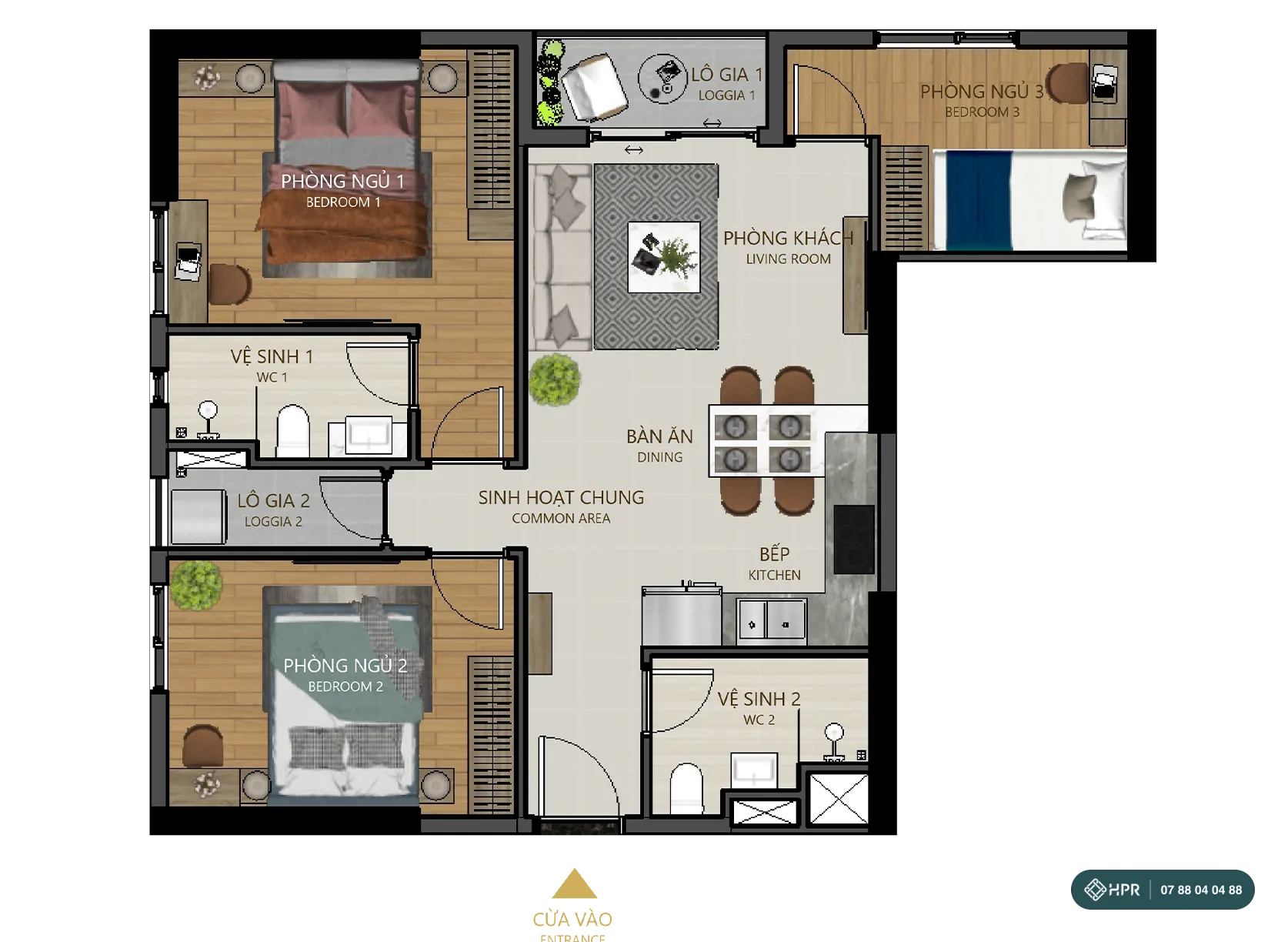 Планировка квартиры 3 спальни с 2 санузлами Maison Grand Phú Mỹ