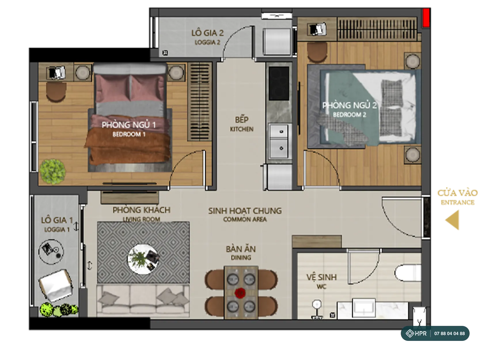Планировка квартиры 2 спальни с 1 санузлом Maison Grand Phú Mỹ