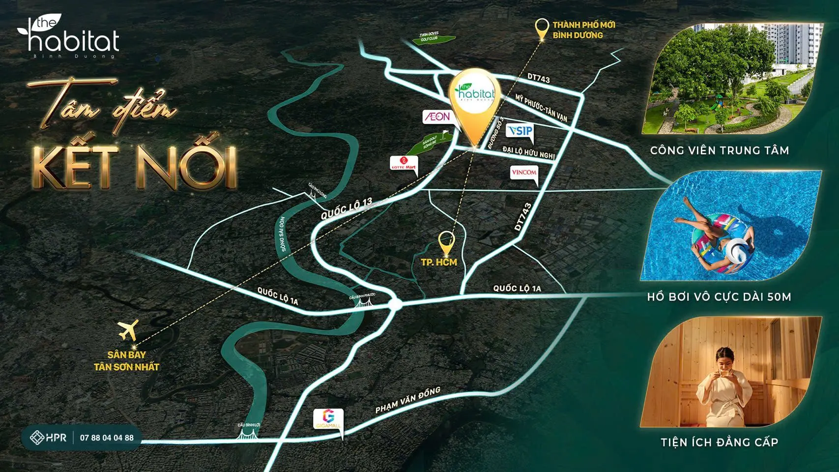 The Habitat Bình Dươngと国道13号線、イオンモール、VSIP、ホーチミン市との接続図