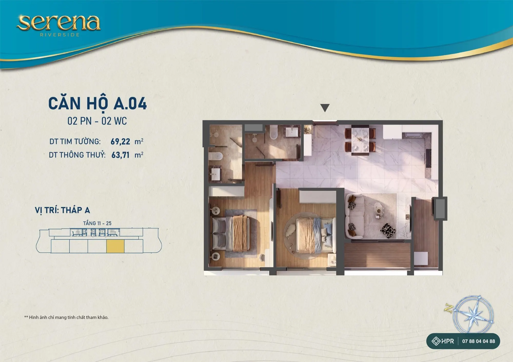 Layout căn hộ 2 phòng ngủ A.04 Serena Riverside