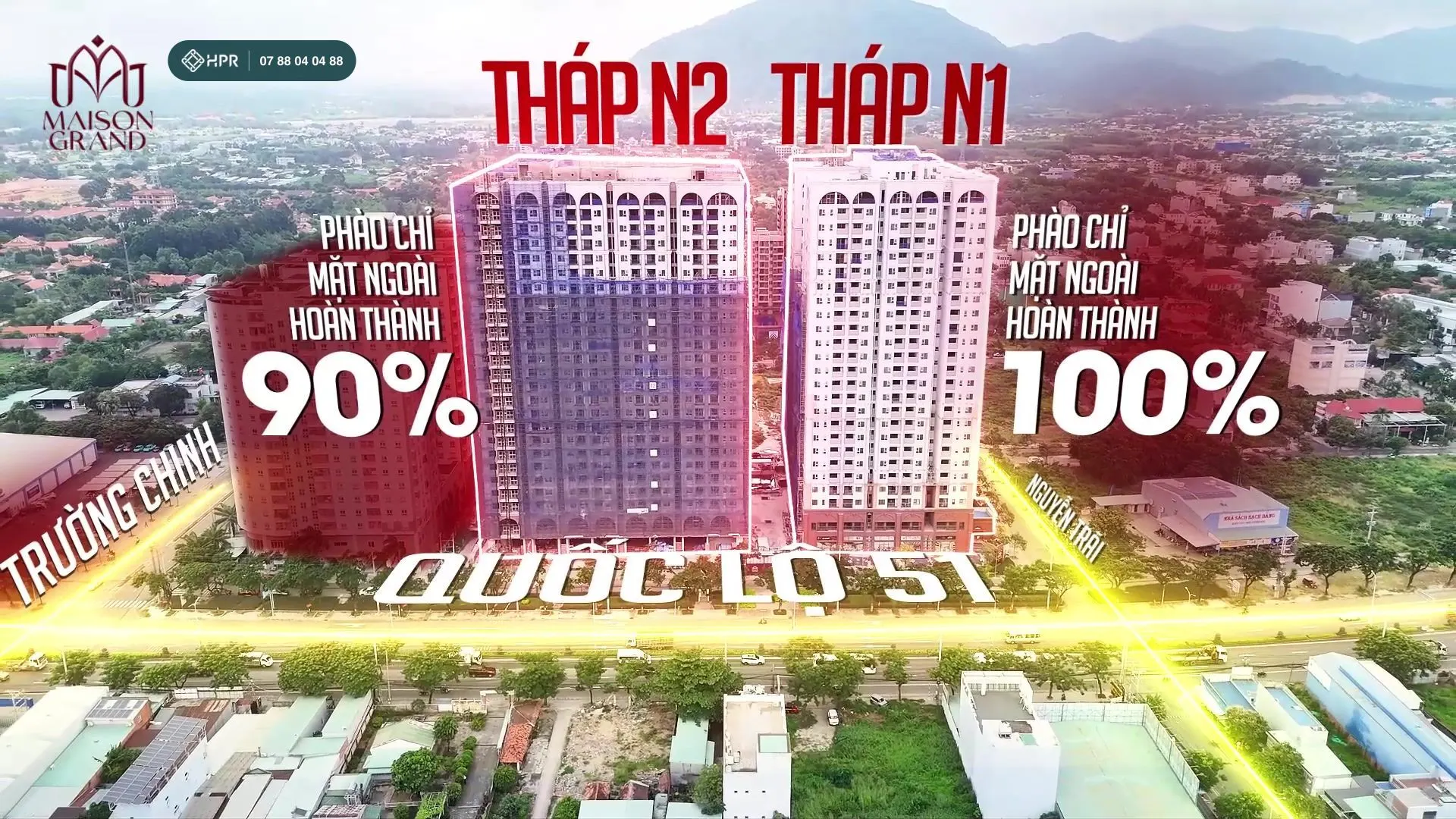 Две башни Maison Grand Phú Mỹ в начале сентября 2026 г. — декор фасада N1 завершён на 100%, N2 — на 90%