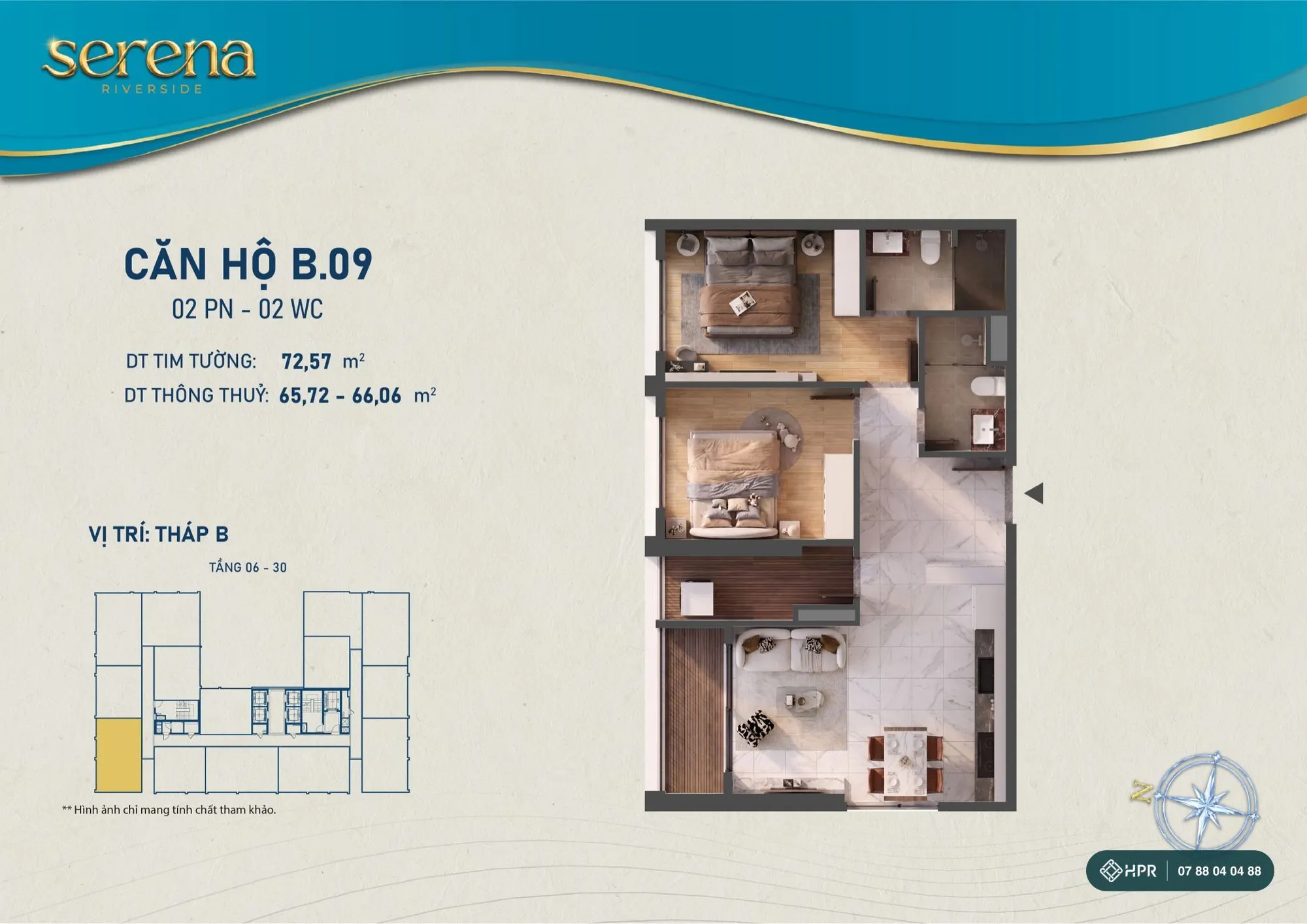 Layout căn hộ 2 phòng ngủ B.09 Serena Riverside