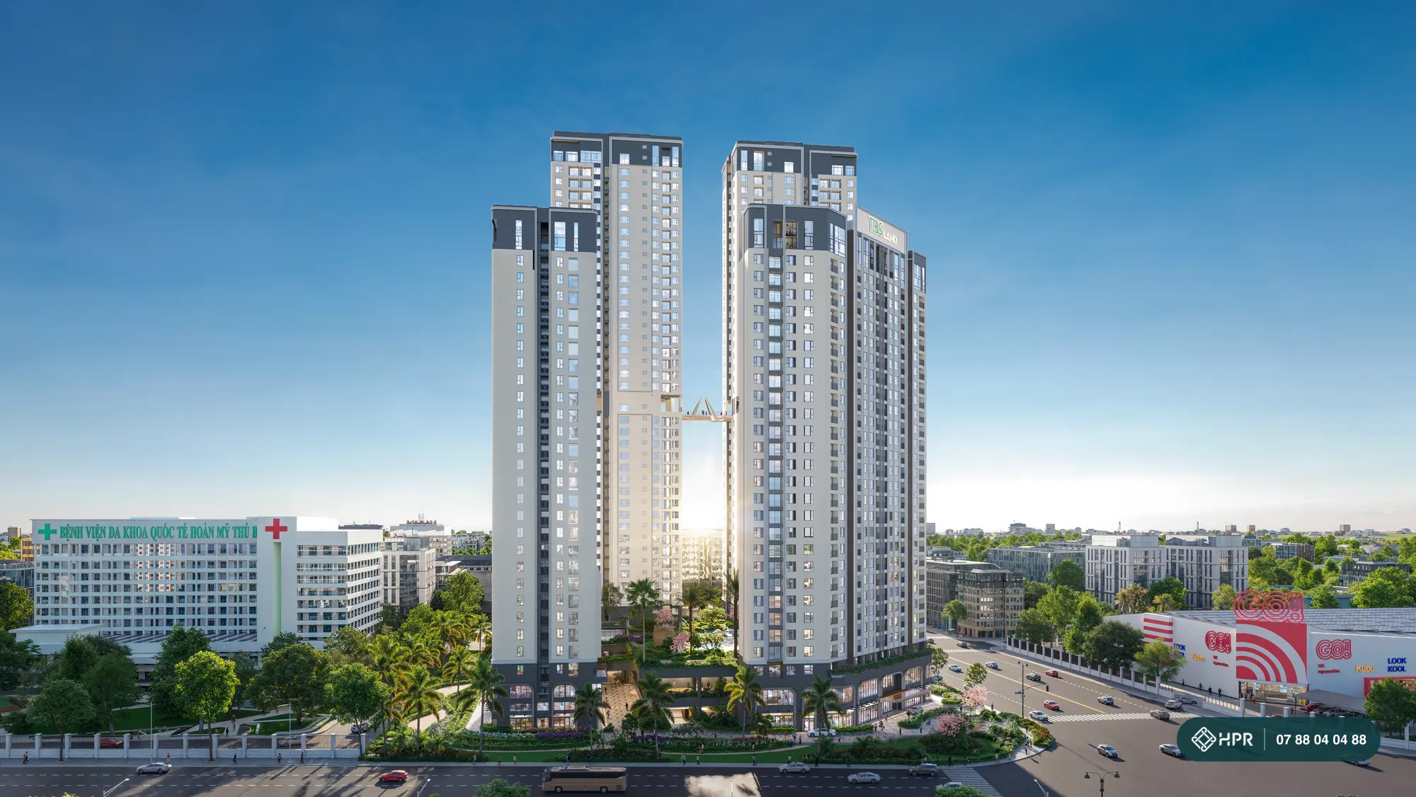 Phối cảnh hai tòa căn hộ cao tầng nối cầu kính trên cao