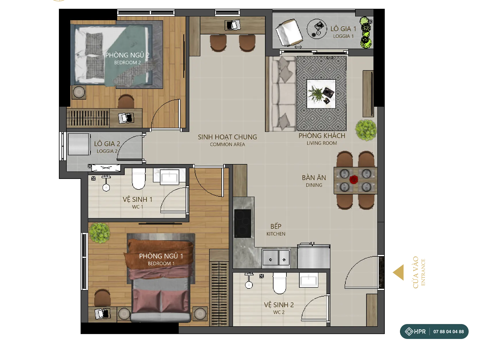 Планировка квартиры 2 спальни+ с 2 санузлами Maison Grand Phú Mỹ