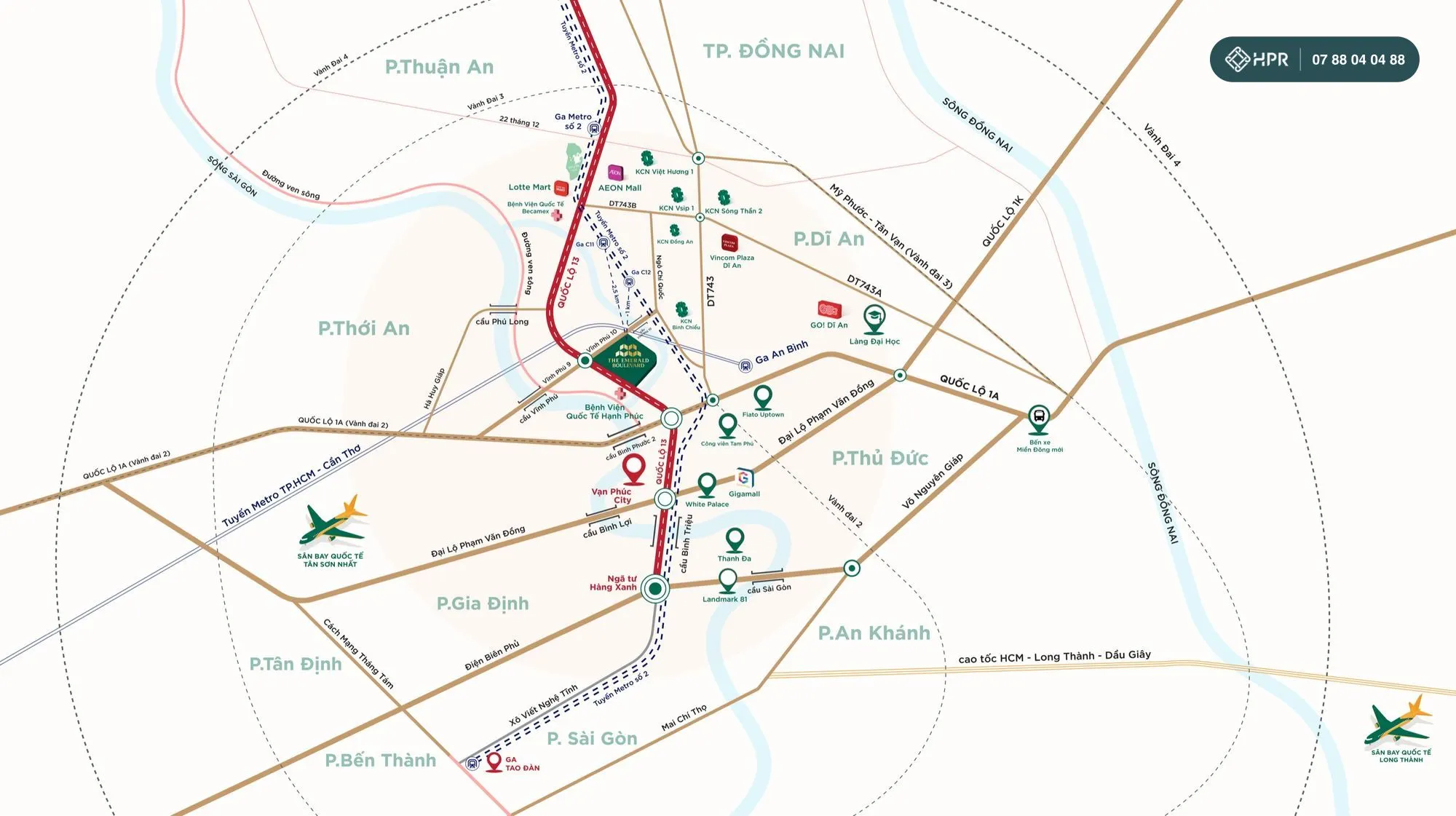 国道13号沿いのThe Emerald Boulevardの位置とホーチミン市各エリアへのアクセス図