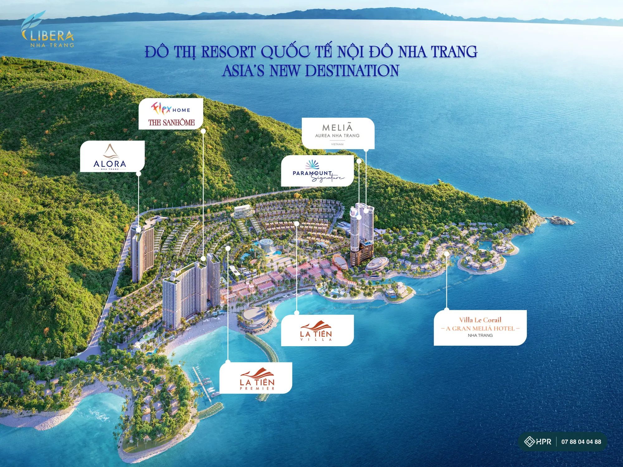 Libera Nha Trang複合開発の完成予想図。Alora Nha Trang、The SanHôme、Paramount、Meliá、La Tiên Villa、Villa Le Corailの位置