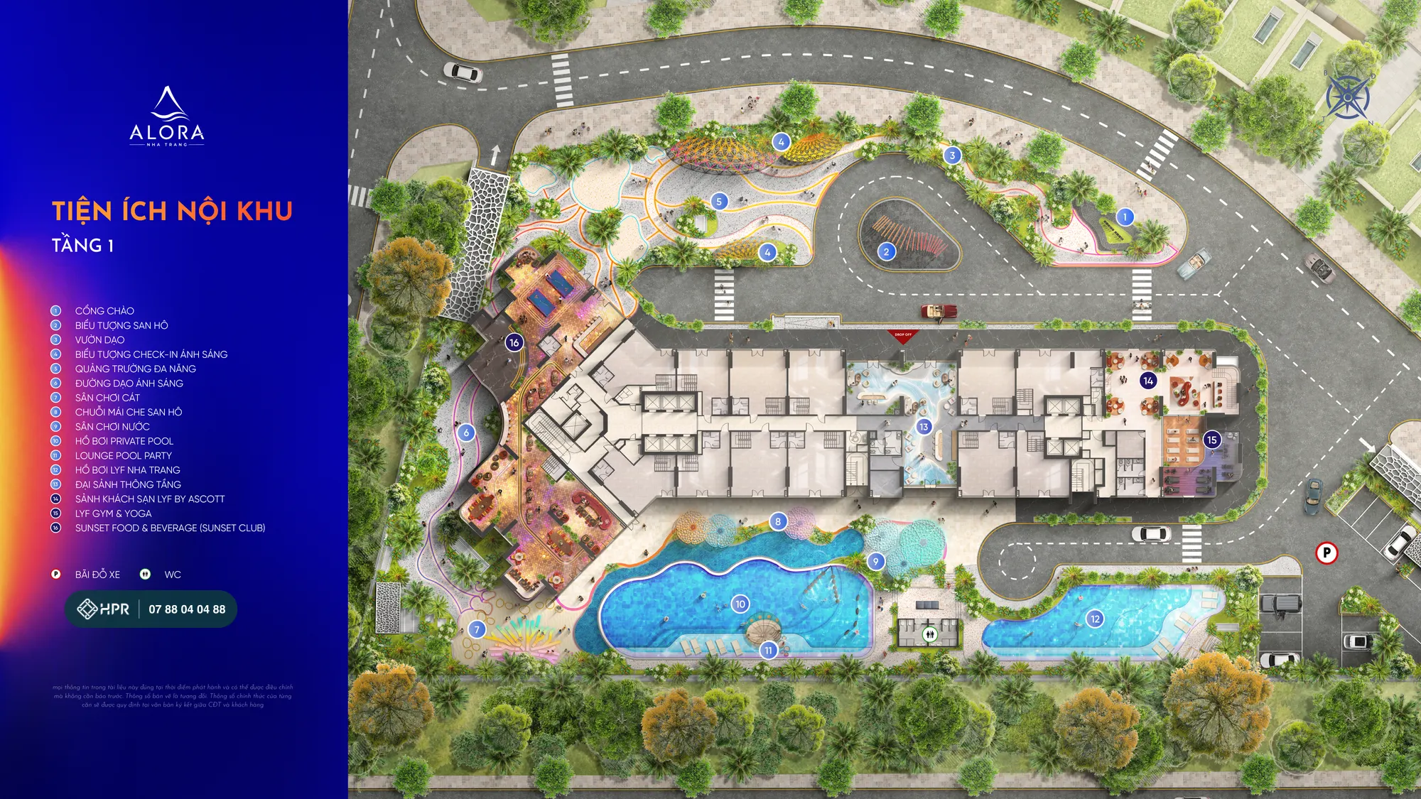 Alora Nha Trangの1階共用施設平面図:Private Pool、lyfプール、吹き抜けロビー