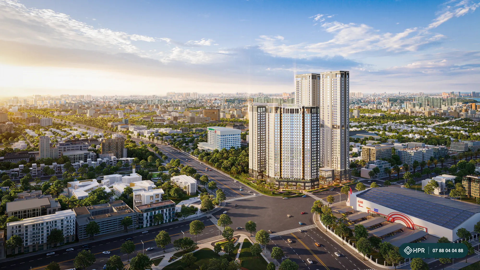 Green Square都市開発の中に建つGreen Skylineの全体完成予想図(国道1K号線方向)