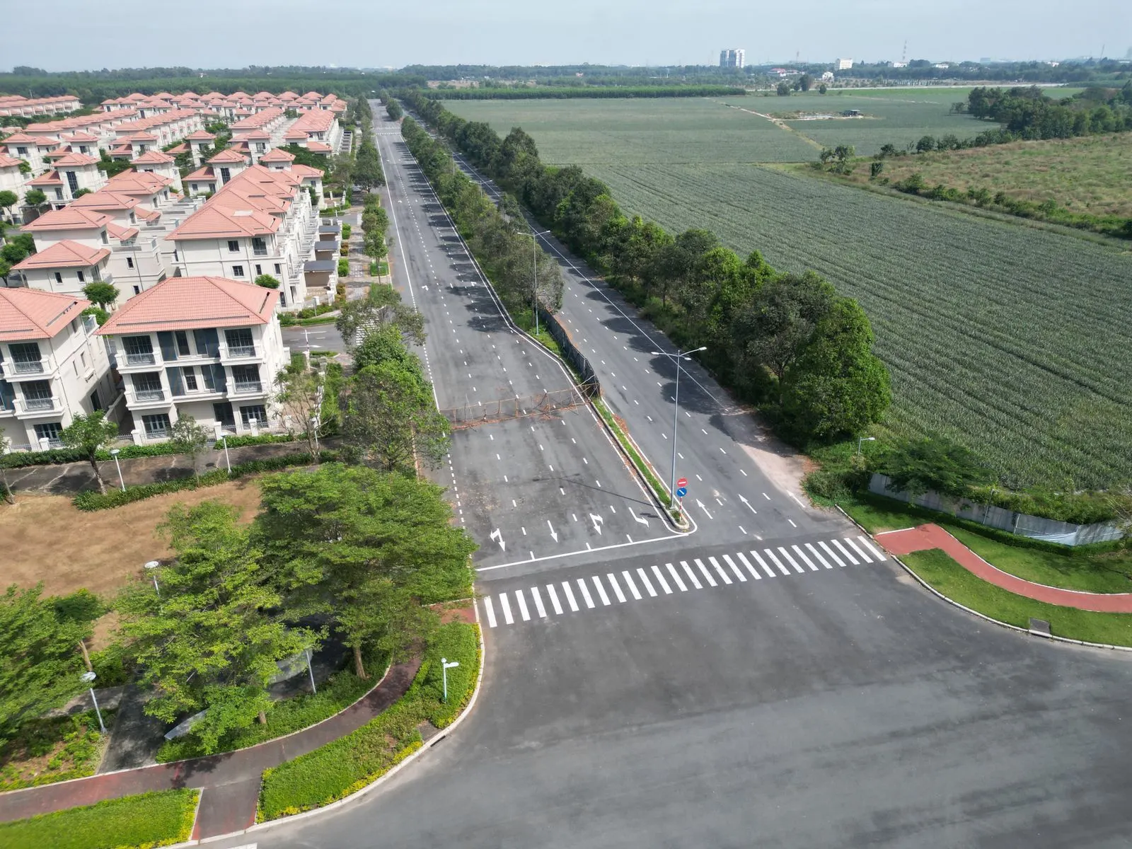 幹線道路と緑地帯のあるヴィラ地区の空撮