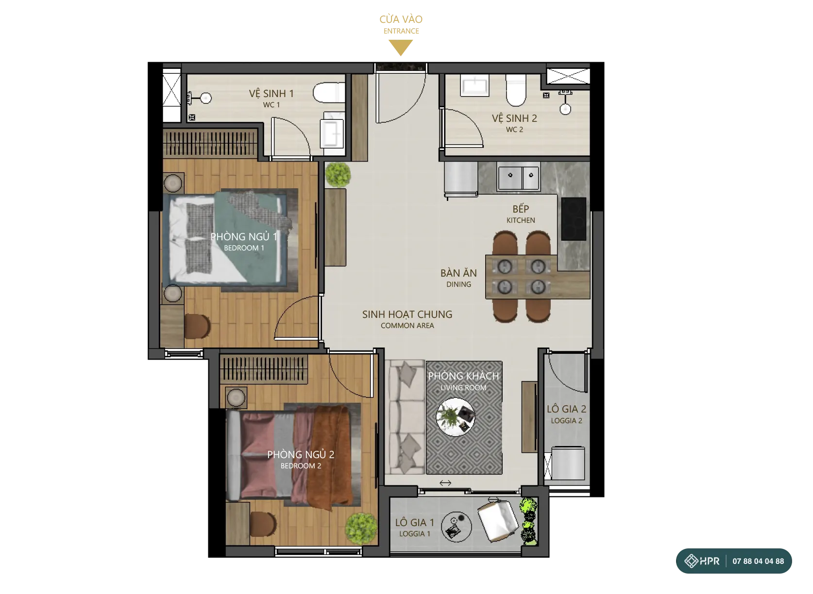 Планировка квартиры 2 спальни с 2 санузлами Maison Grand Phú Mỹ