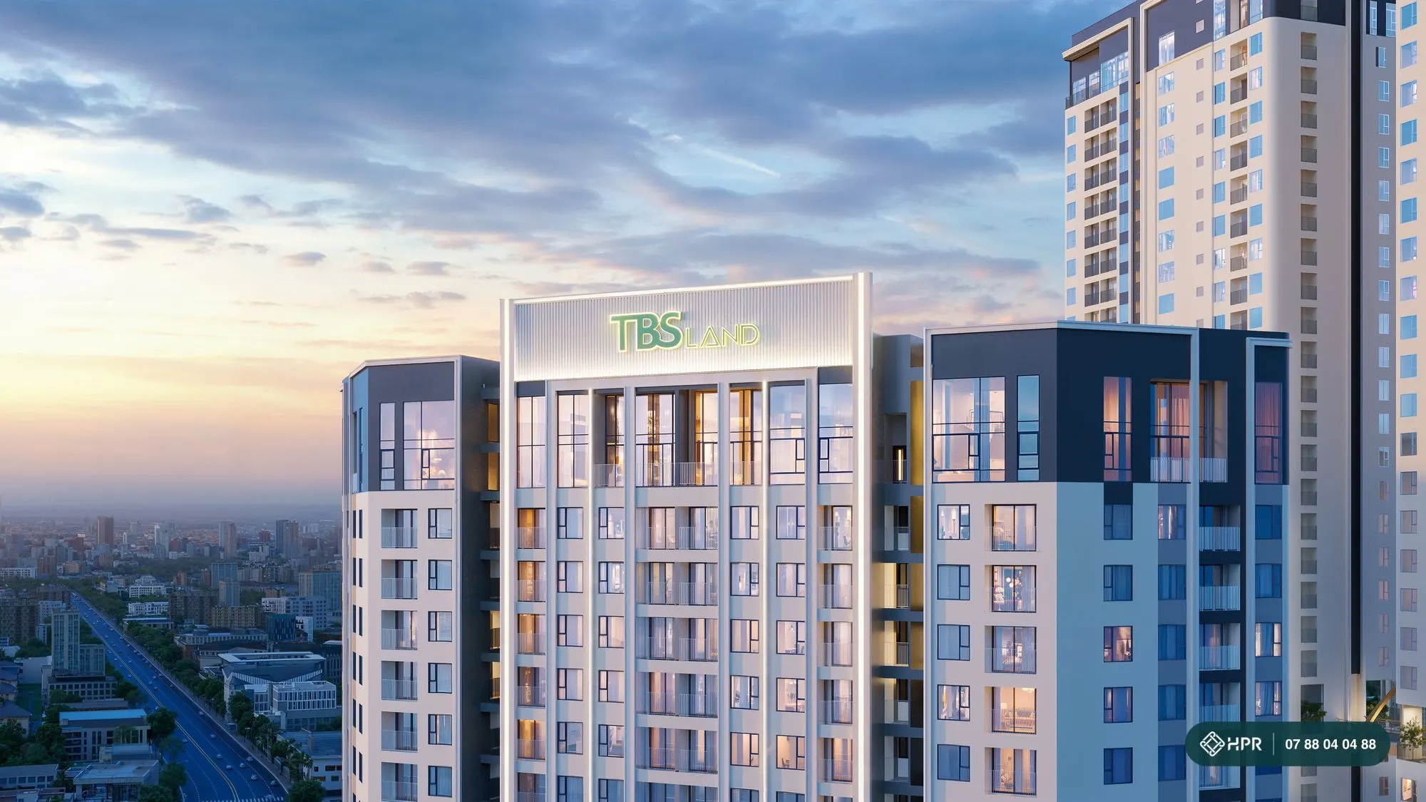 Phối cảnh mặt tiền 4 tháp Green Skyline trên Quốc lộ 1K lúc hoàng hôn