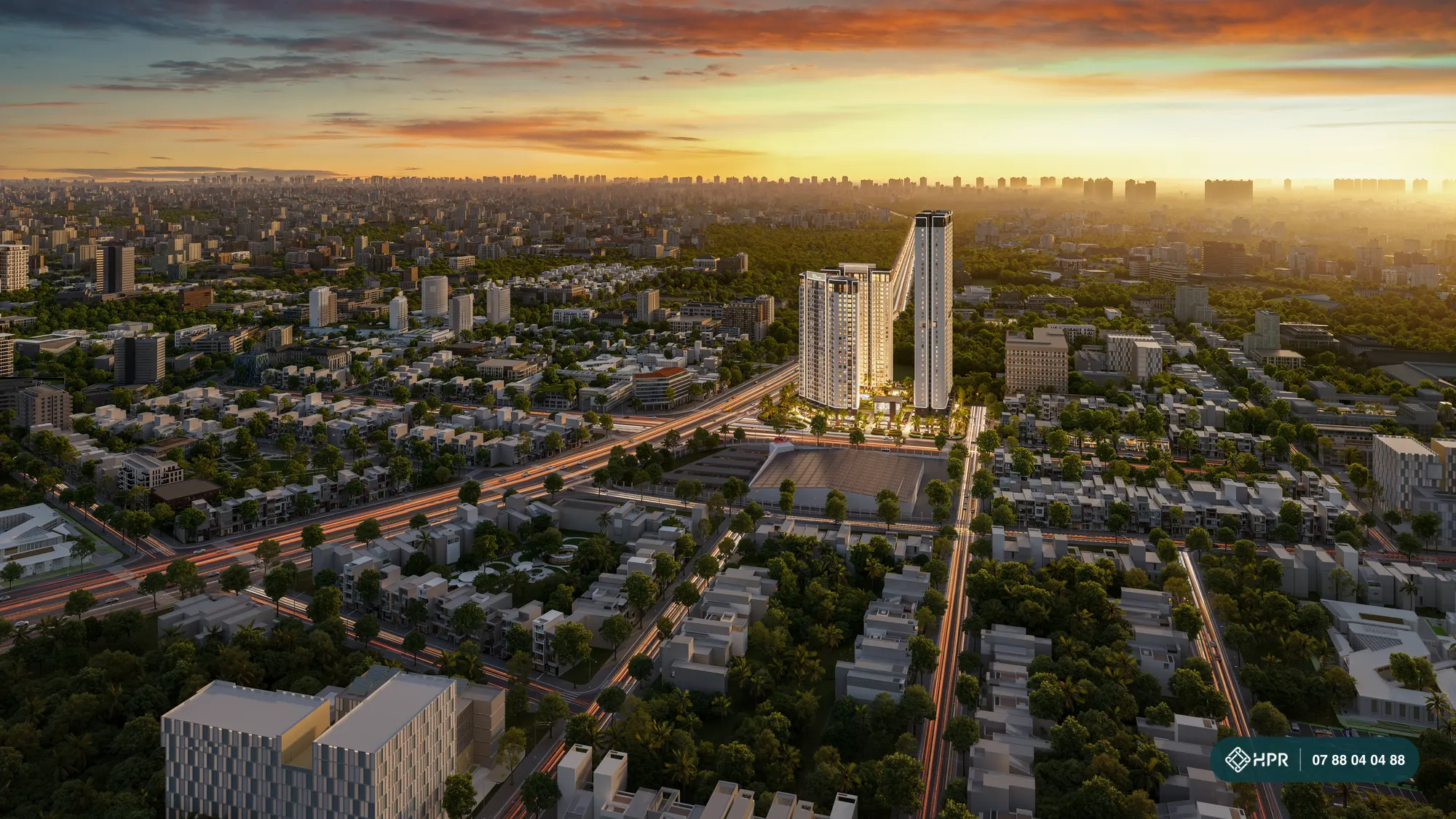 Phối cảnh toàn cảnh Green Skyline giữa khu đô thị Green Square lúc hoàng hôn