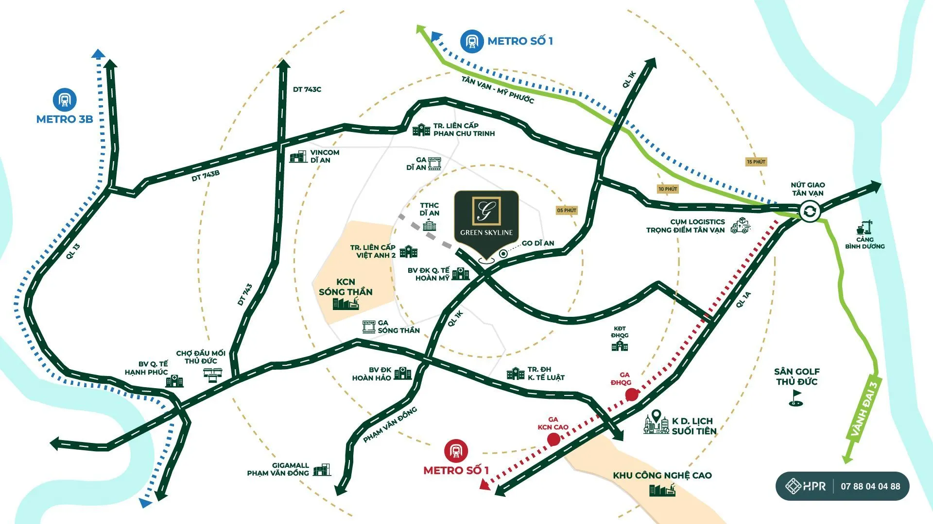 Bản đồ kết nối của Green Skyline với Quốc lộ 1K, metro số 1 và nút giao Tân Vạn