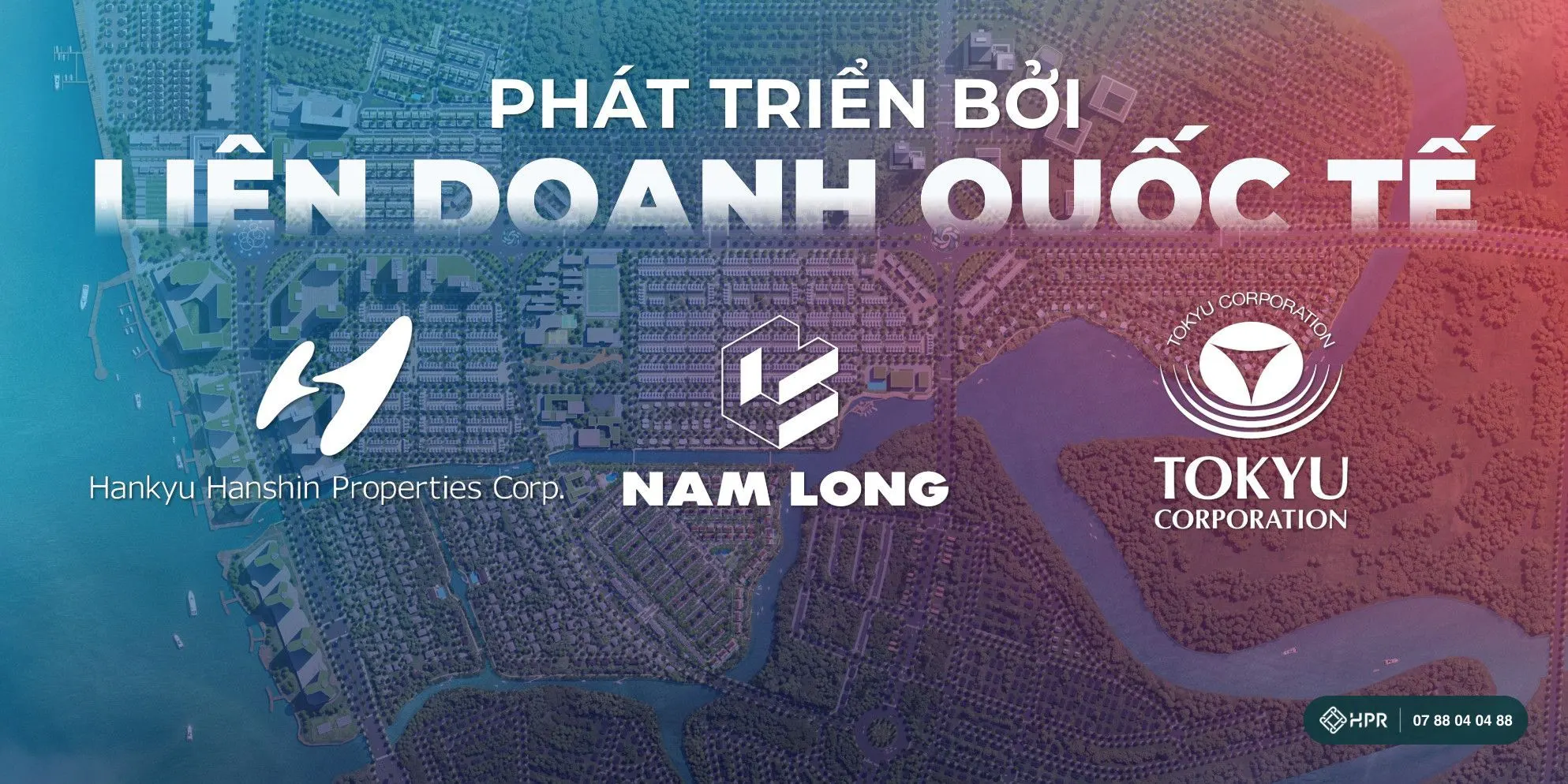 Logo liên doanh Nam Long, Hankyu Hanshin Properties và Tokyu Corporation trên nền phối cảnh Izumi City