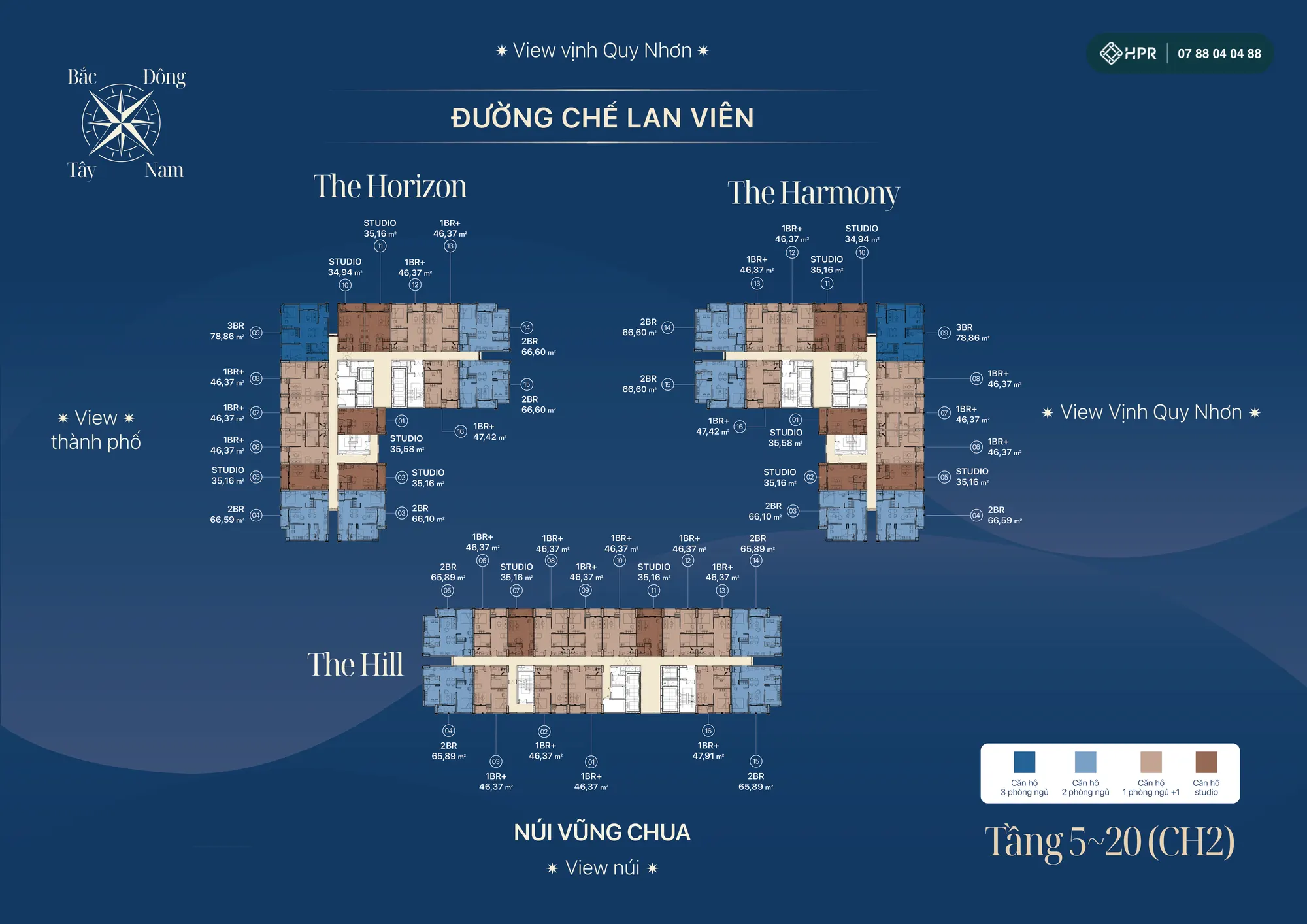 Mặt bằng tầng điển hình khối CH-02 Luvista Quy Nhơn gồm 3 tháp The Horizon, The Harmony, The Hill