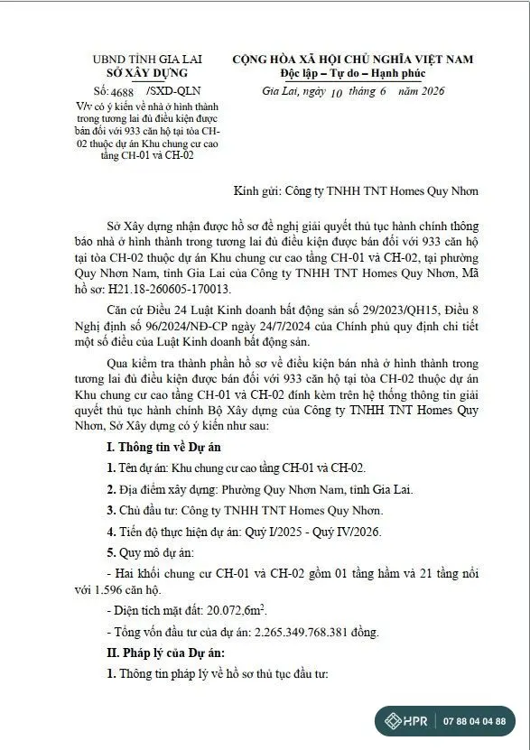 Văn bản nhà ở hình thành trong tương lai đủ điều kiện được bán — 933 căn tòa CH-02