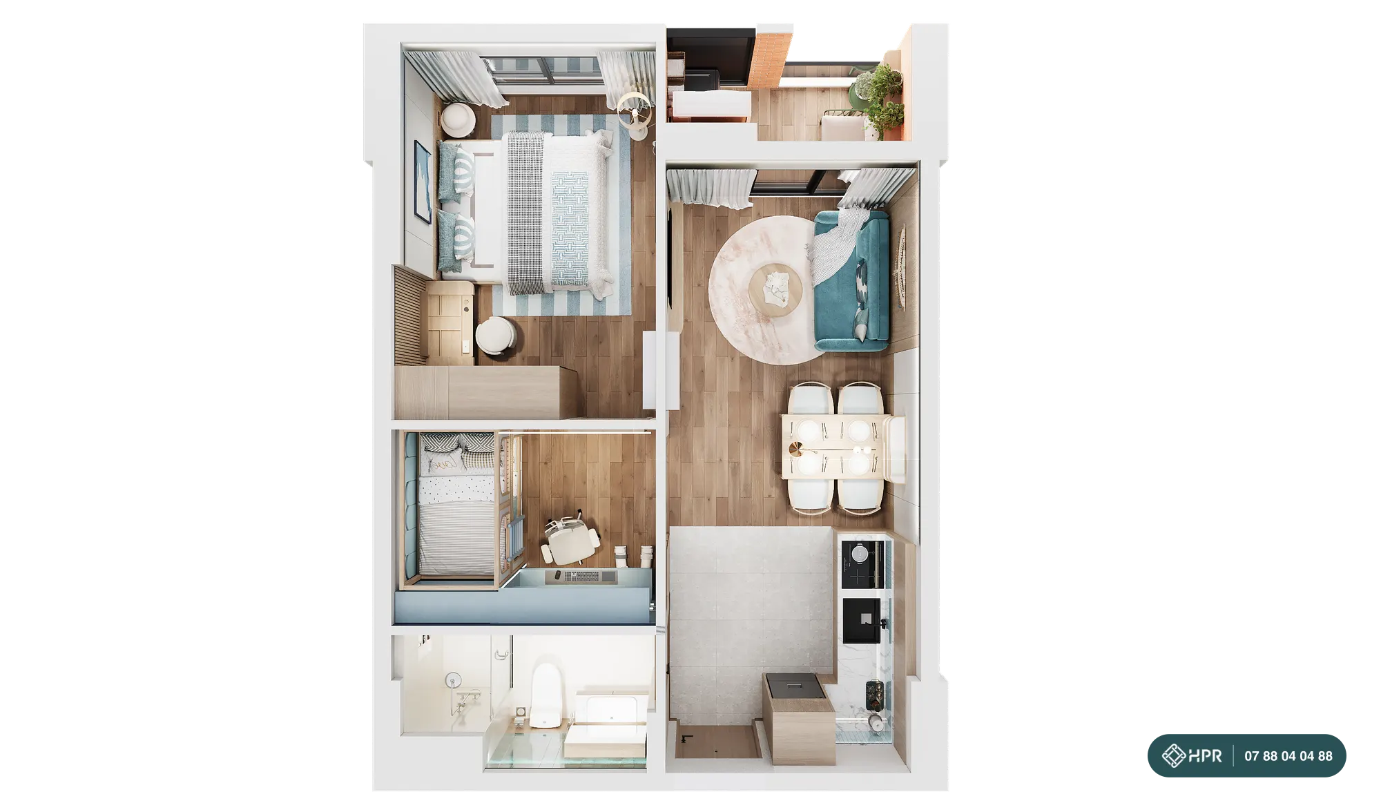 Mặt bằng nội thất căn 1 phòng ngủ cộng Luvista Quy Nhơn