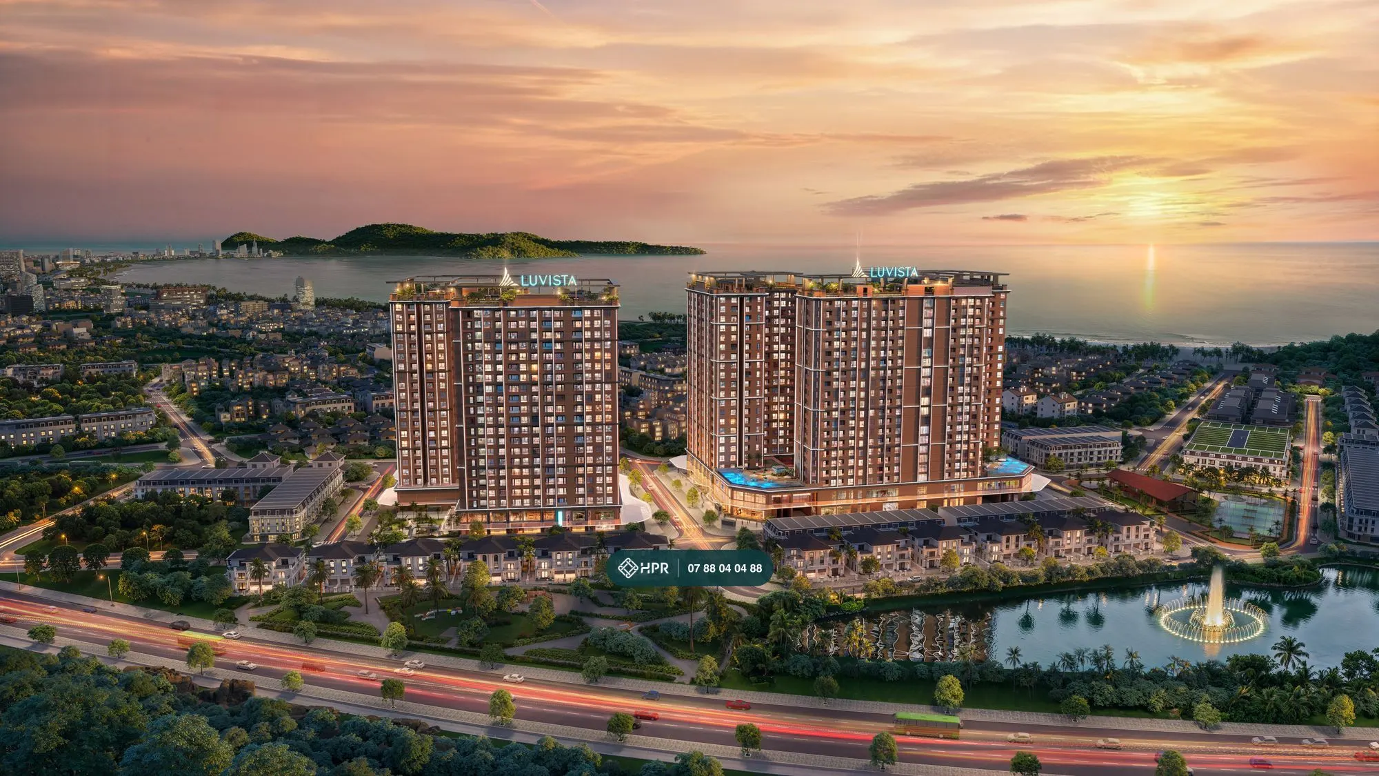 Phối cảnh Luvista Quy Nhơn lúc hoàng hôn, hai khối tháp bên đường Chế Lan Viên nhìn ra vịnh Quy Nhơn