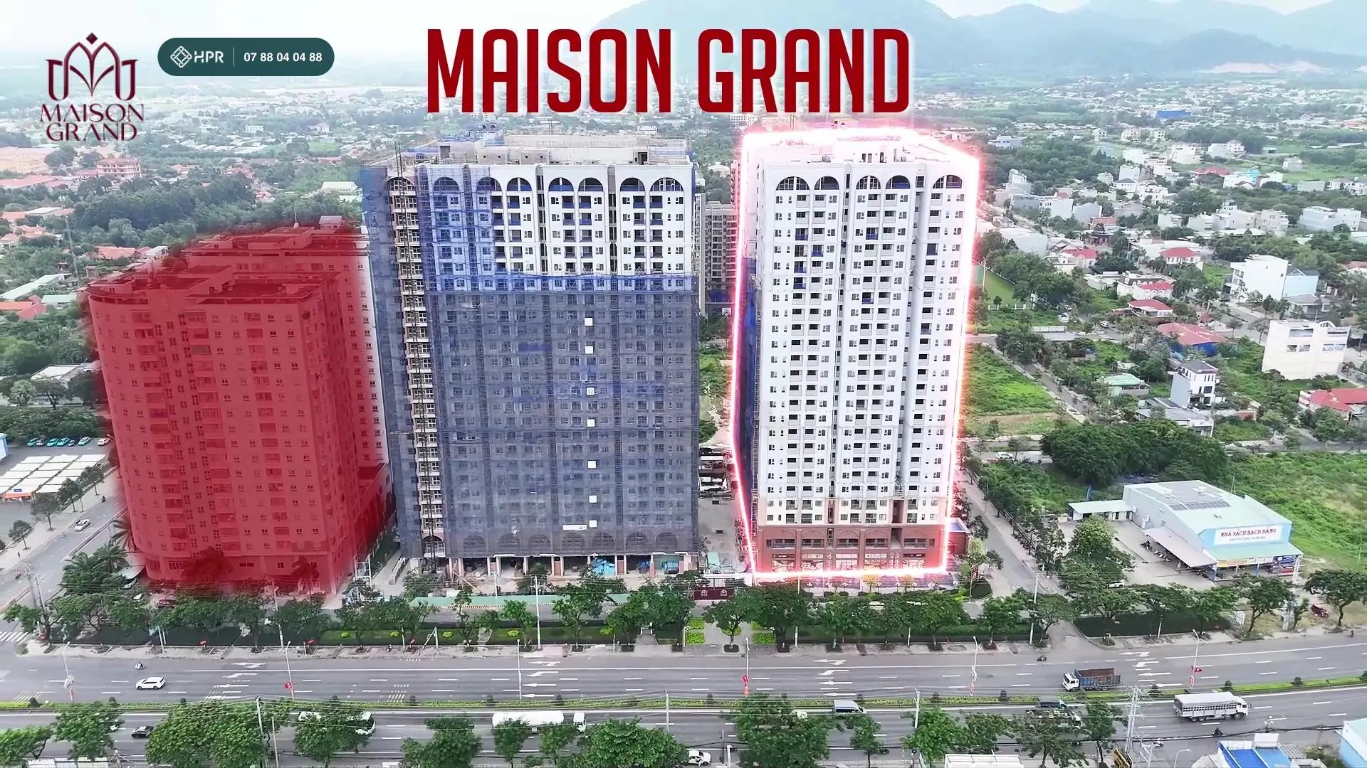 Hai tháp Maison Grand Phú Mỹ bên Quốc lộ 51, ảnh chụp từ flycam tháng 9/2026