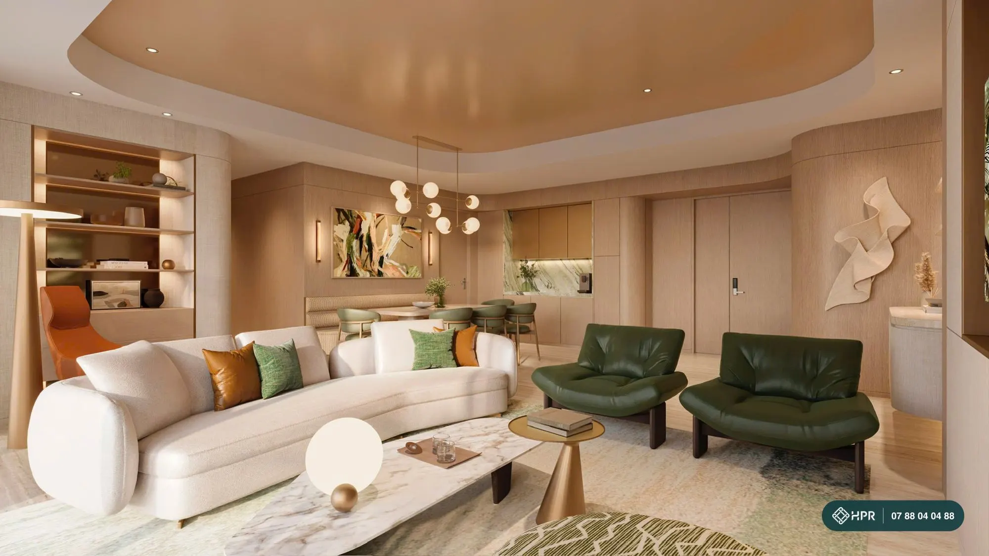 Phối cảnh phòng khách căn hộ Palm River với cửa kính lớn