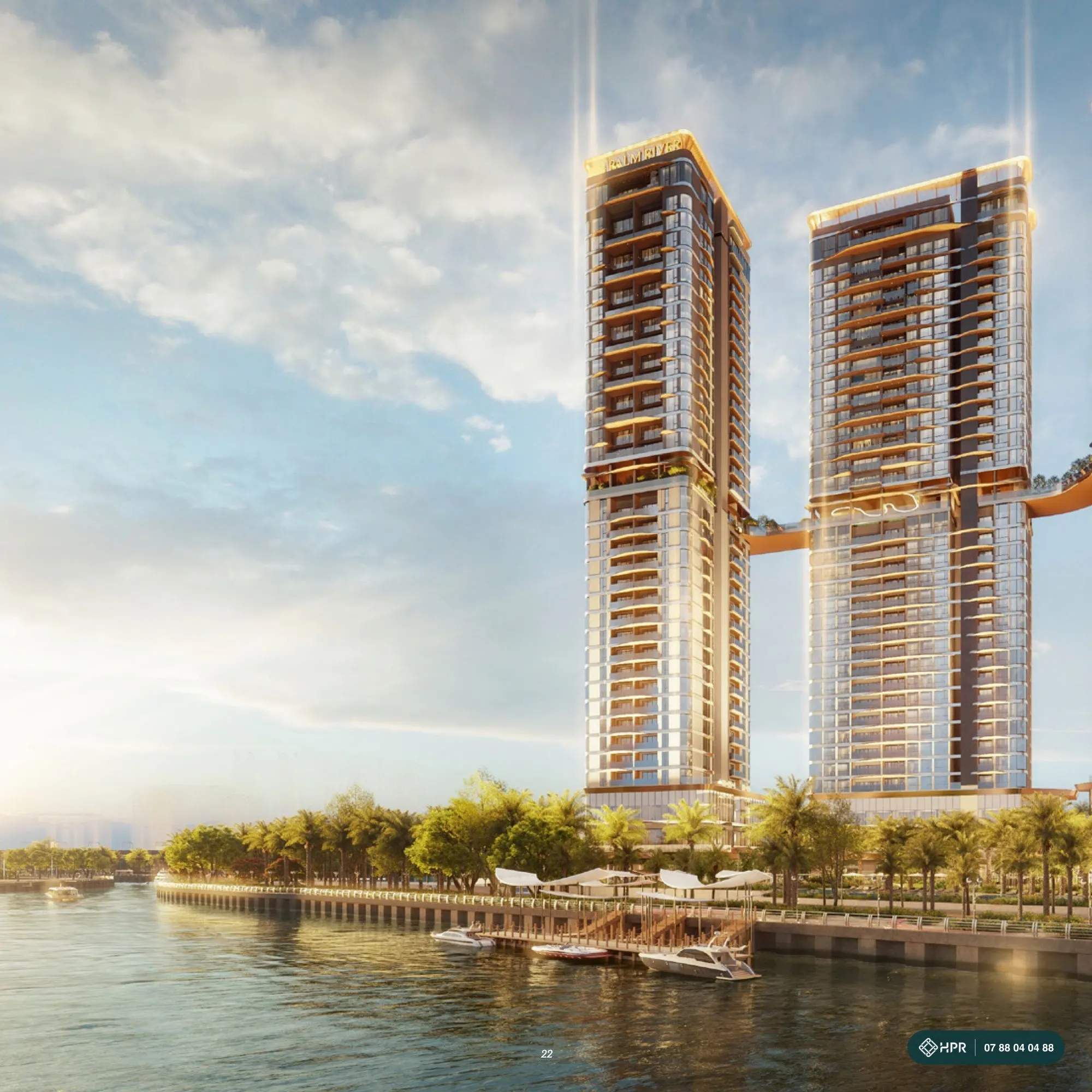 Phối cảnh các tháp Palm River bên sông Giồng Ông Tố, có bến thuyền và lối dạo ven sông