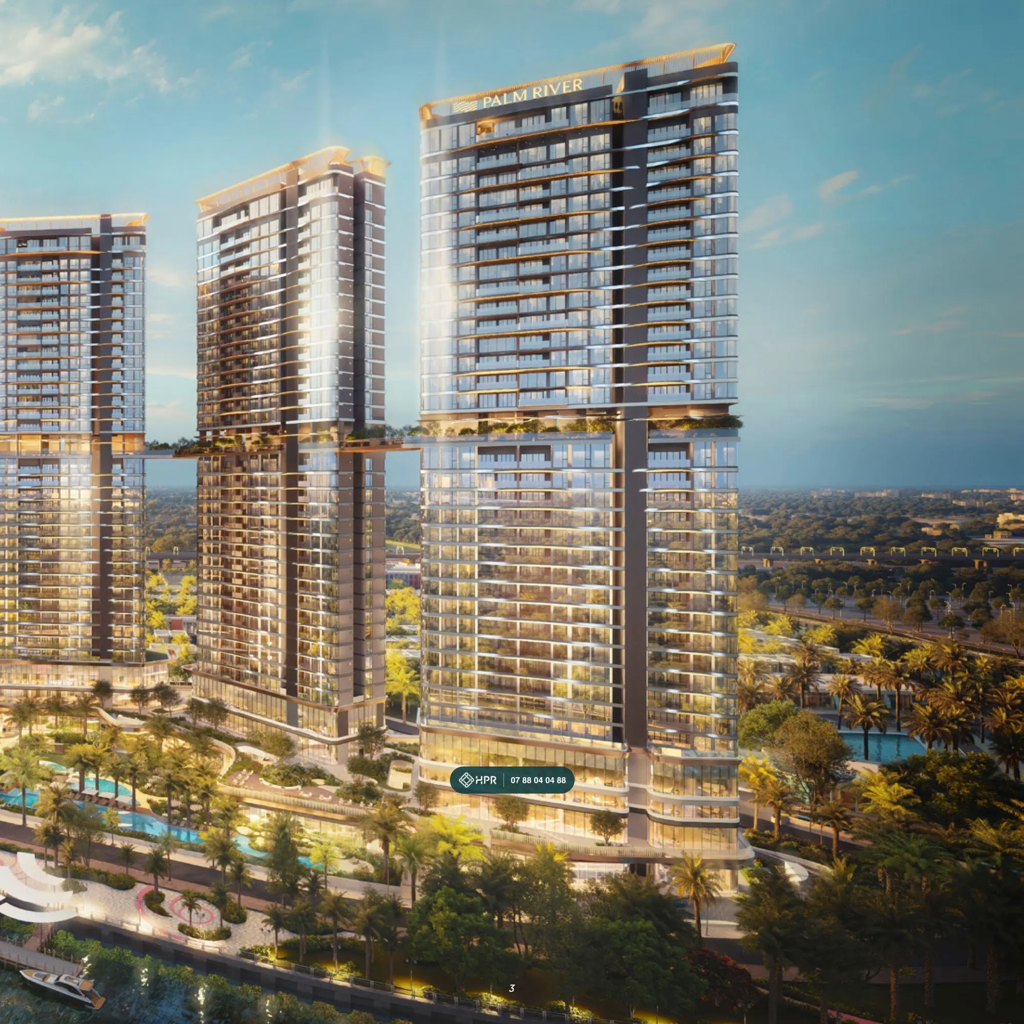 Phối cảnh các tháp căn hộ Palm River bên sông trong khu đô thị Palm City, phường Bình Trưng