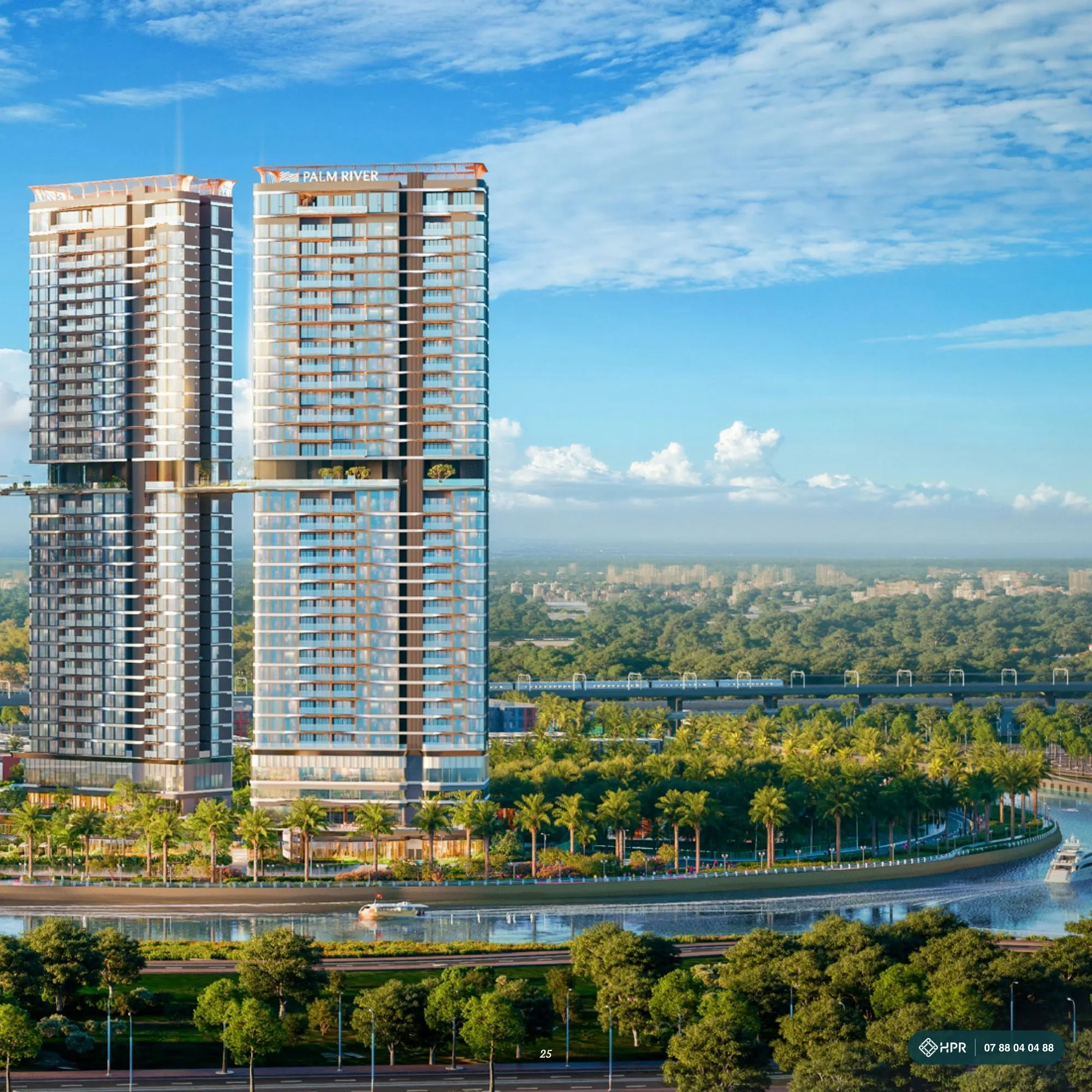 Phối cảnh tháp căn hộ Palm River với khối đế và tầng tiện ích xanh giữa thân tháp