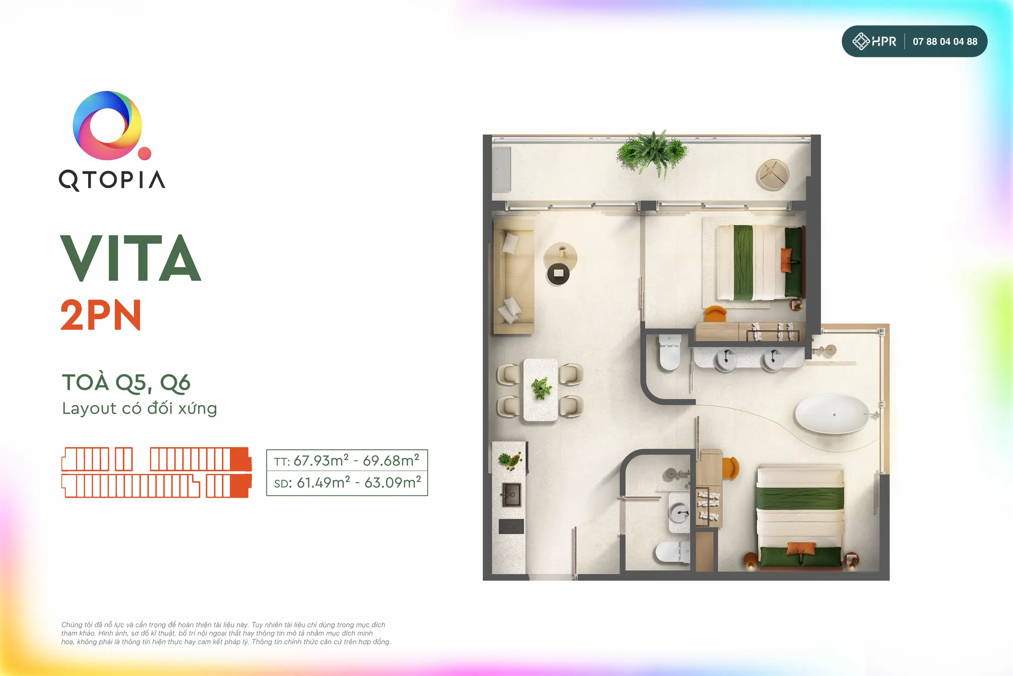 Планировка квартиры VITA с 2 спальнями в башнях Q5, Q6, Qtopia Phước Hải