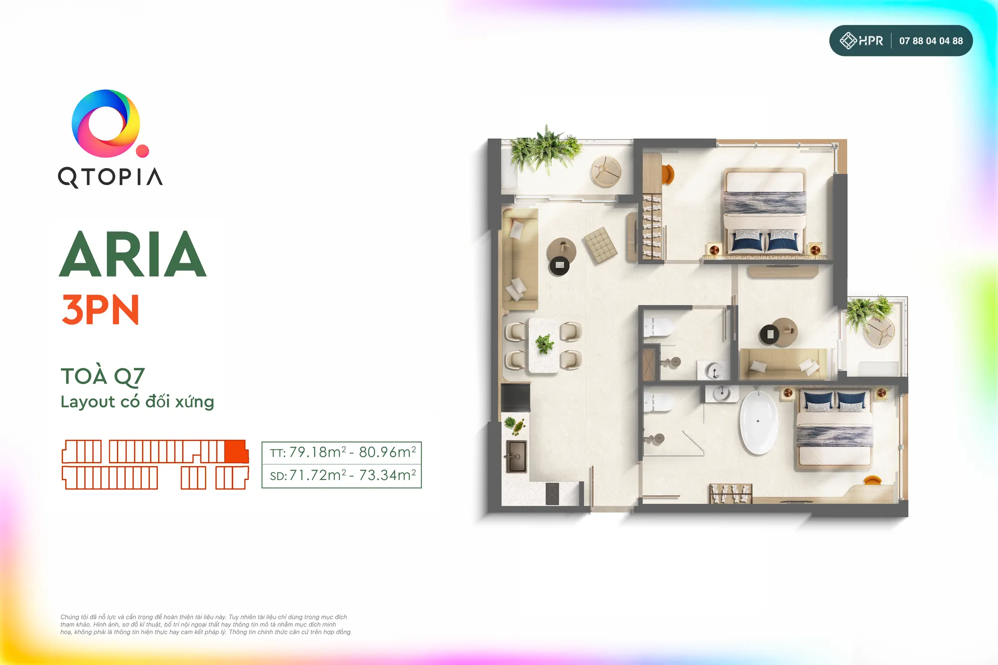 Планировка квартиры ARIA с 3 спальнями в башне Q7, Qtopia Phước Hải