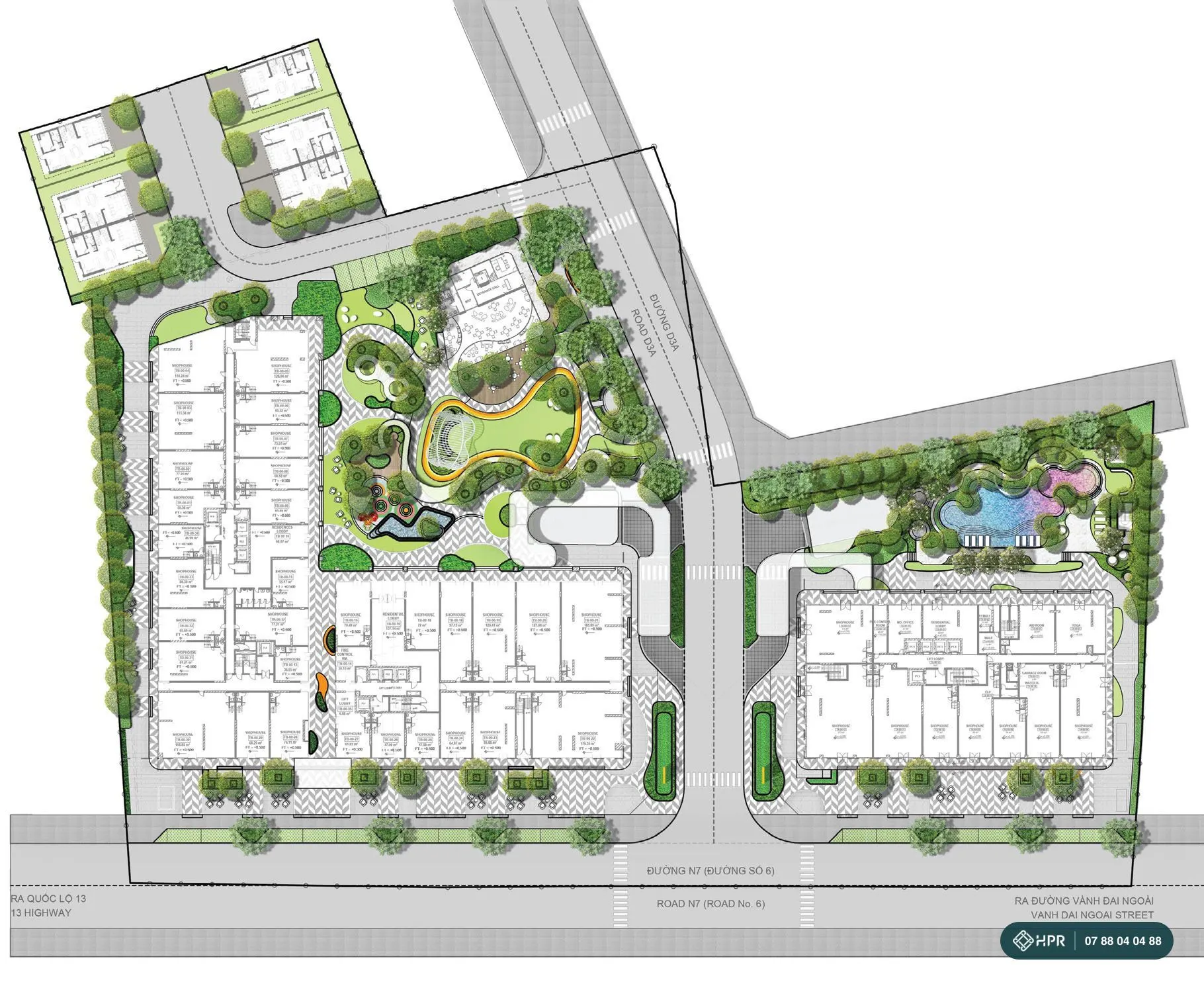 Mặt bằng tổng thể Urban Green: 2 tháp, công viên, hồ bơi và 6 biệt thự
