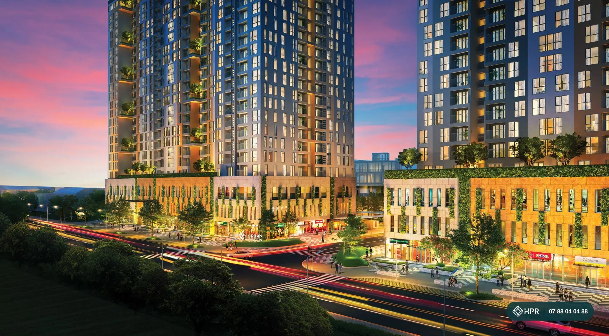 Phối cảnh hai tháp và dãy shophouse