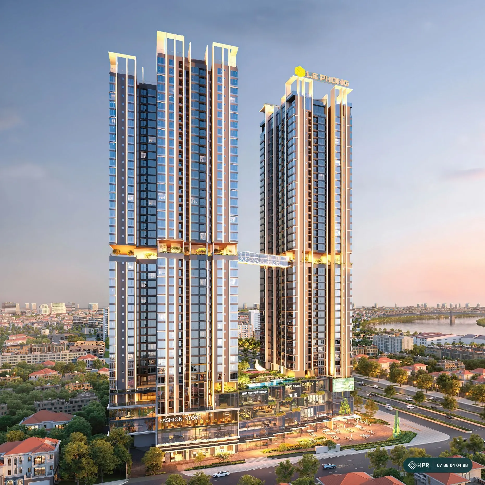 Phối cảnh hai tháp căn hộ bên trục đường lớn phường Bình Hòa, phía xa là sông Sài Gòn