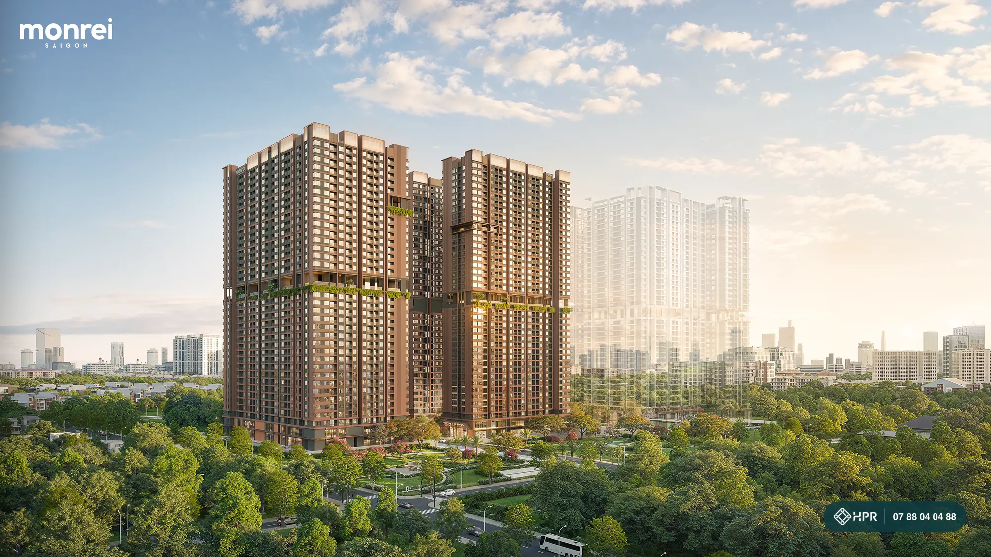 Phối cảnh hai tòa căn hộ cao tầng giữa mảng cây xanh tại TP.HCM