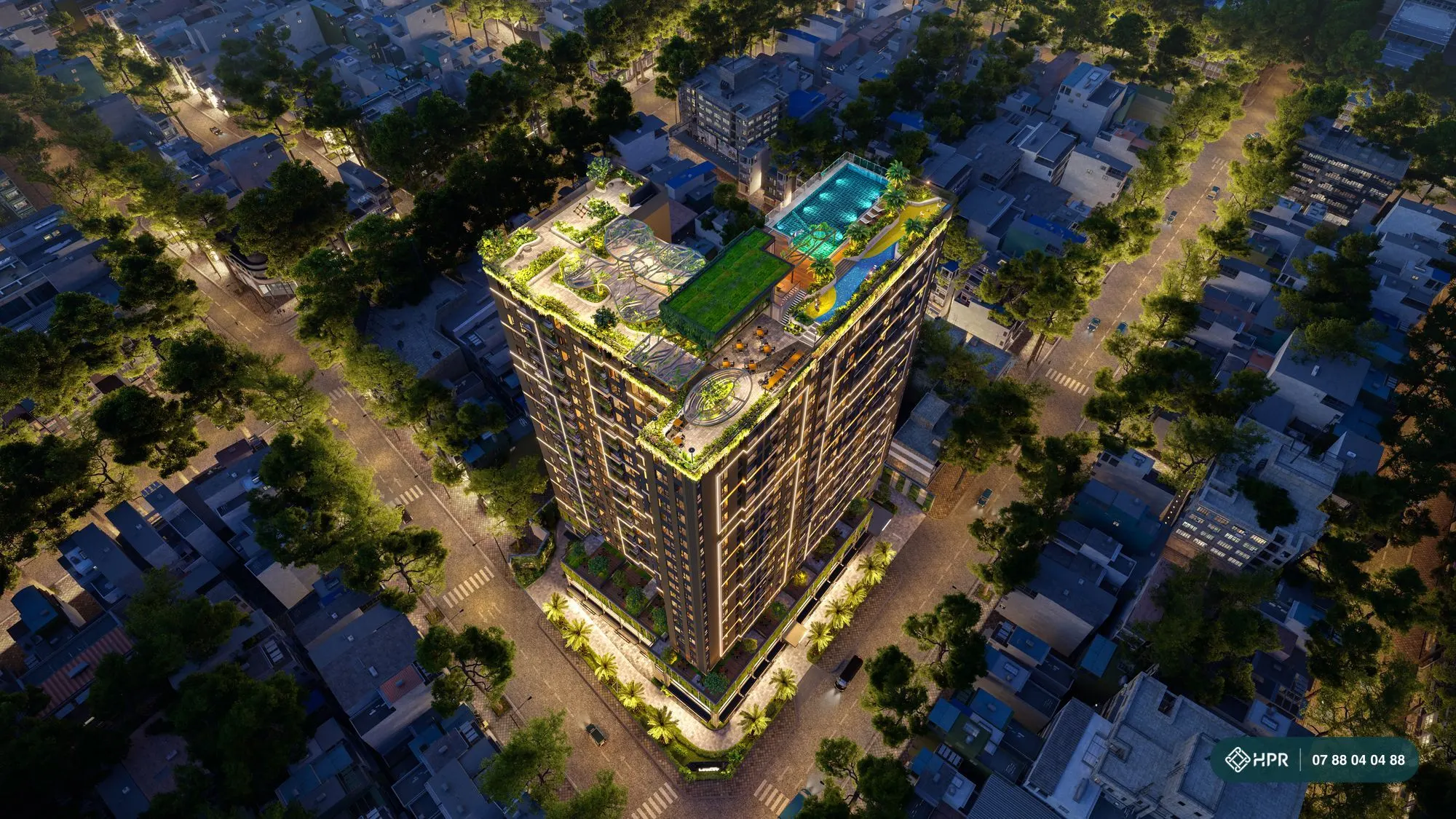 Phối cảnh toàn cảnh tòa căn hộ cao tầng về đêm giữa khu phố trung tâm